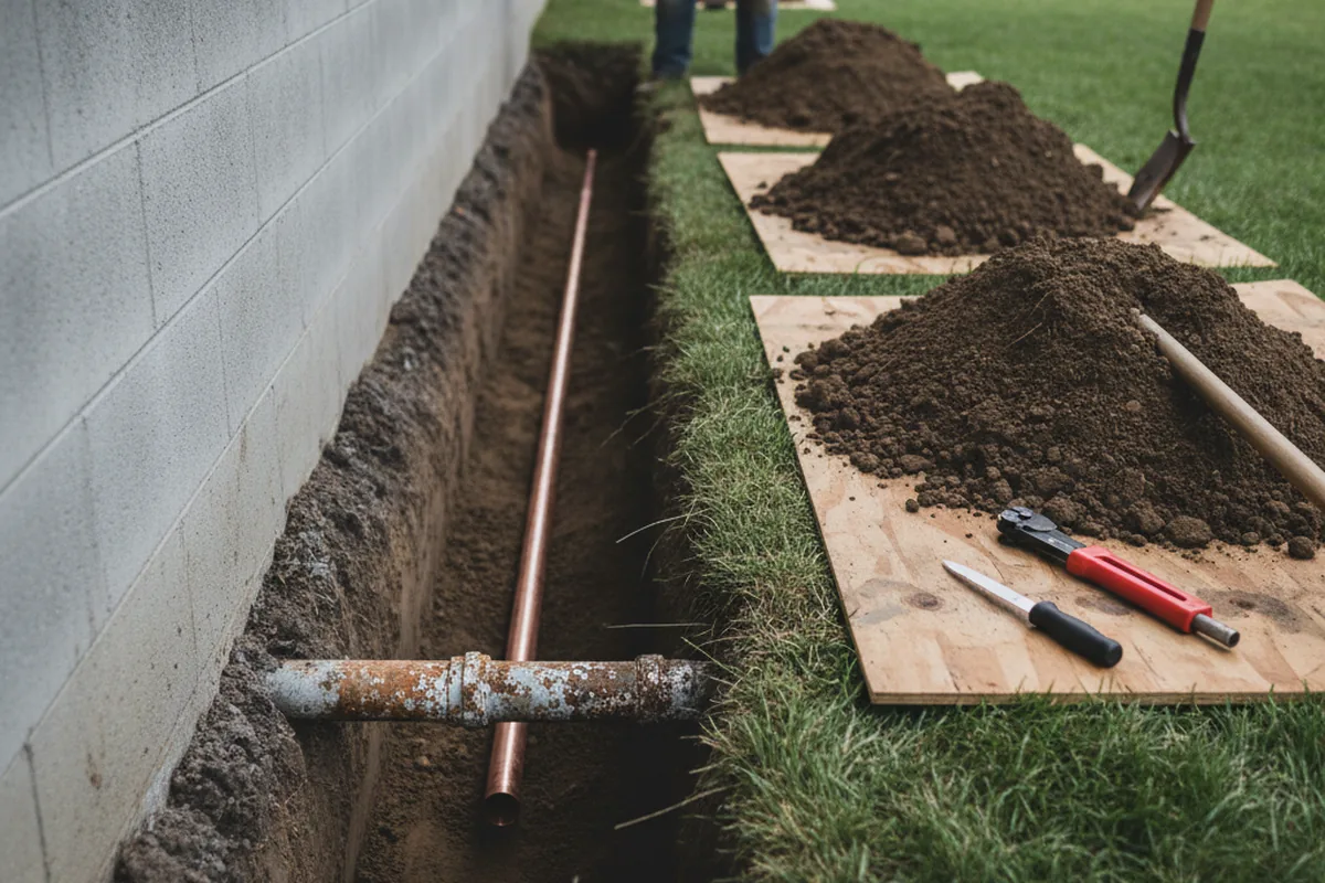 Excavated water line trench during Water Softener Installation in Kincaid